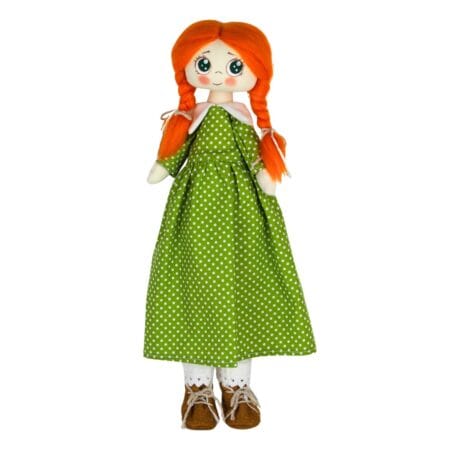 Păpușă portocalie cu rochie verde cu buline