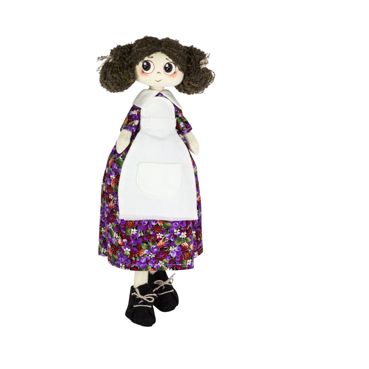 Păpușă handmade Nora – fetiță șatenă cu ochi căprui și rochie cu flori