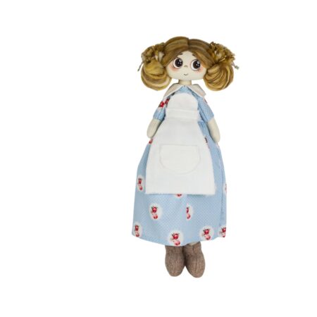 Păpușă handmade Nora – fetiță cu păr galben-maro, rochie albastră și șorț alb
