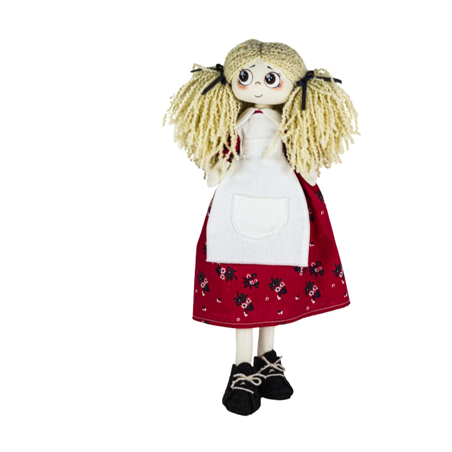 Păpușă handmade Nora – fetiță blondă cu codițe, rochie roșie și șorț alb
