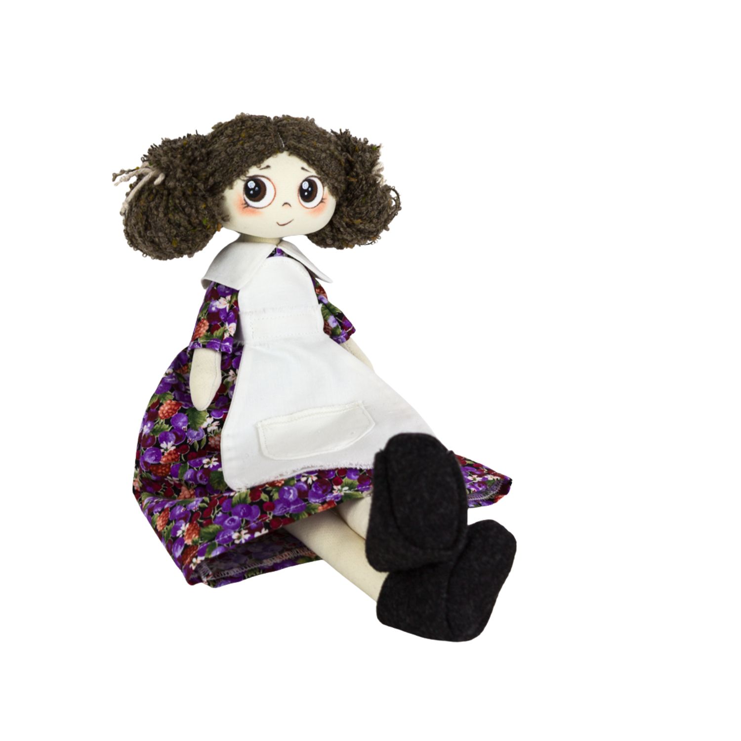 Păpușă handmade Nora – fetiță șatenă cu ochi căprui și rochie cu flori - imagine 4