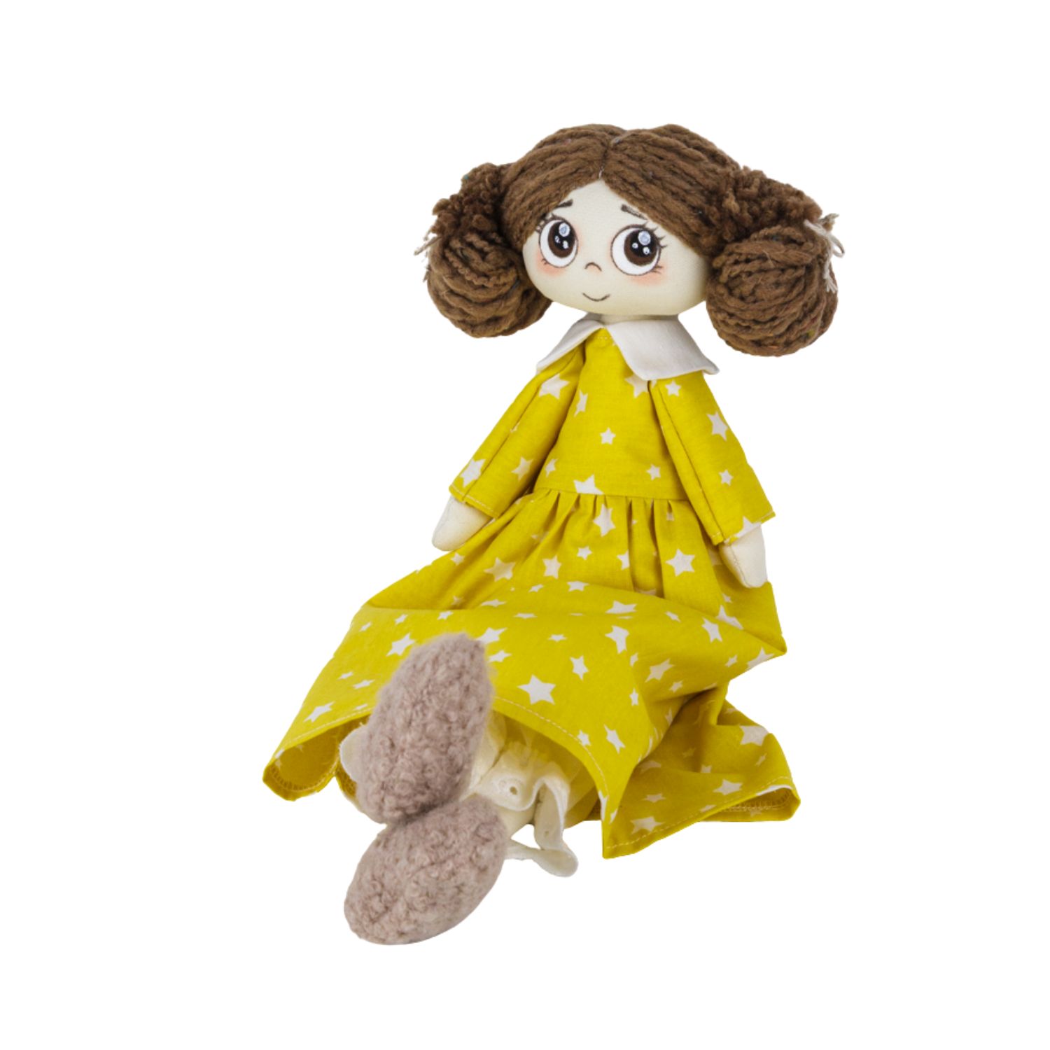 Păpușă handmade Nora – fetiță cu rochie galbenă cu steluțe albe - imagine 3