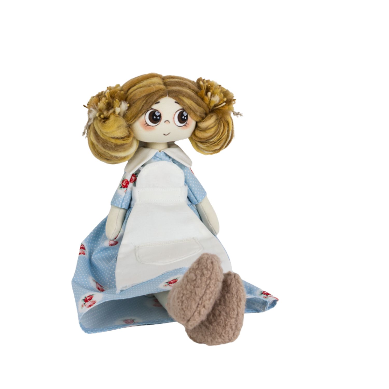 Păpușă handmade Nora – fetiță cu păr galben-maro, rochie albastră și șorț alb - imagine 3