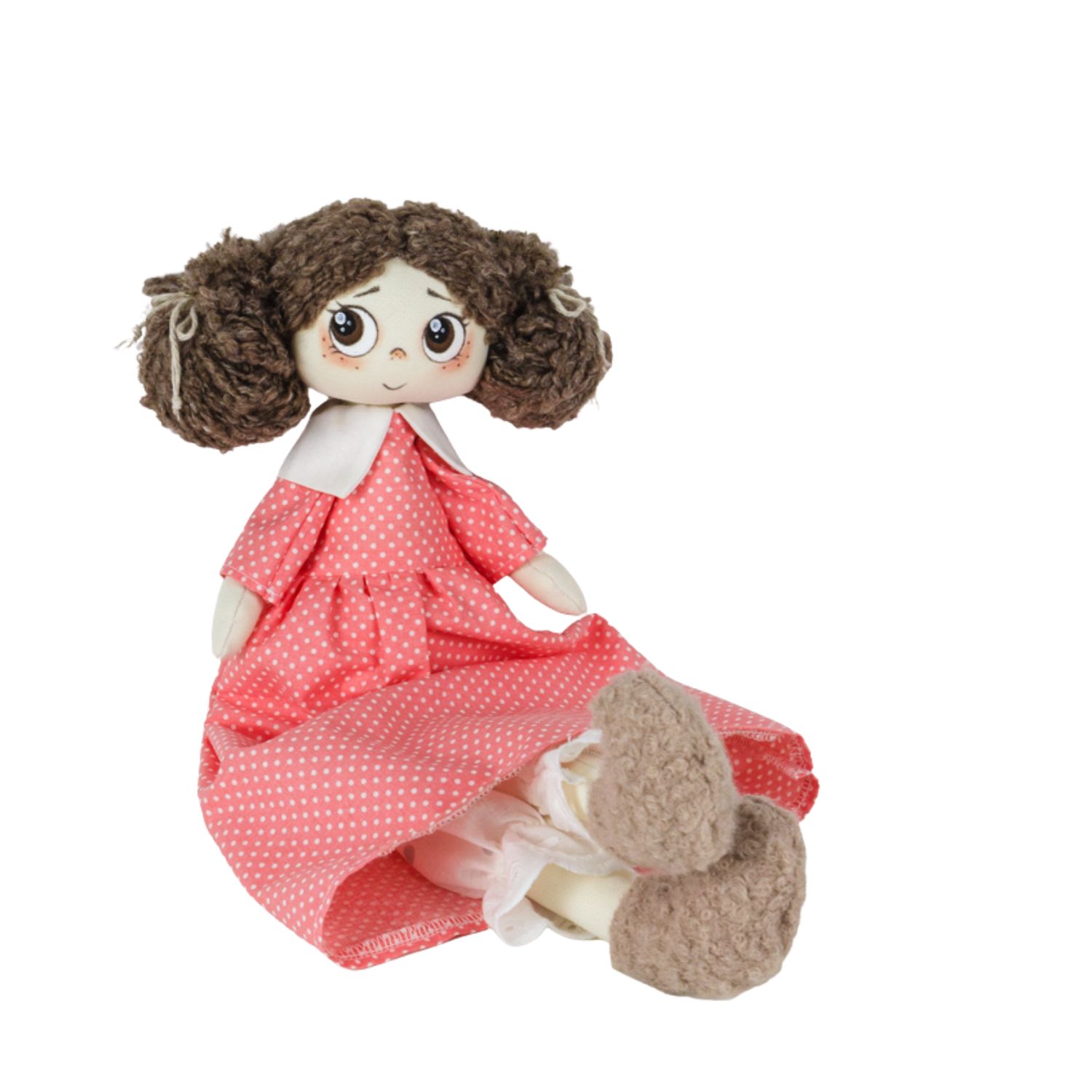 Păpușă handmade Nora – fetiță cu rochiță roz cu buline albe - imagine 4