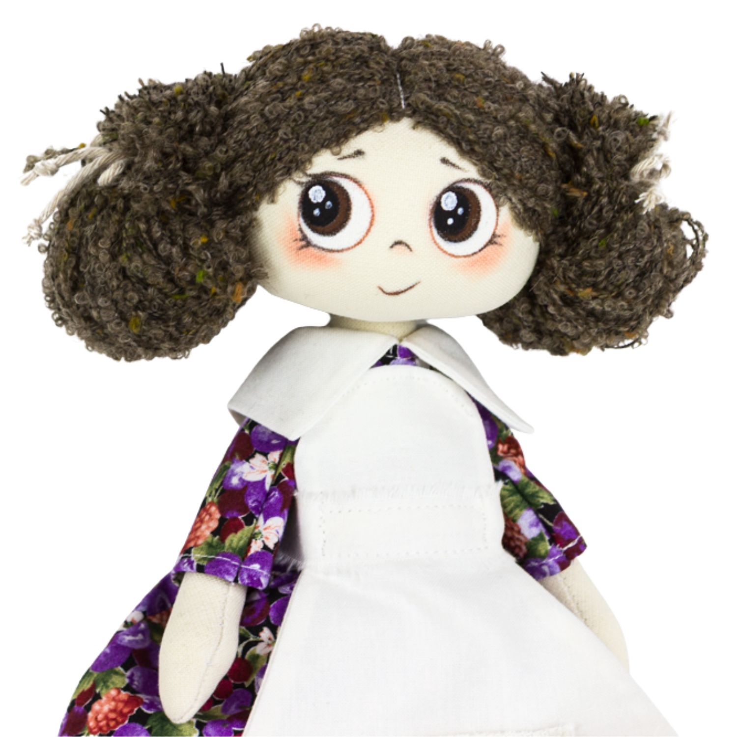 Păpușă handmade Nora – fetiță șatenă cu ochi căprui și rochie cu flori - imagine 2