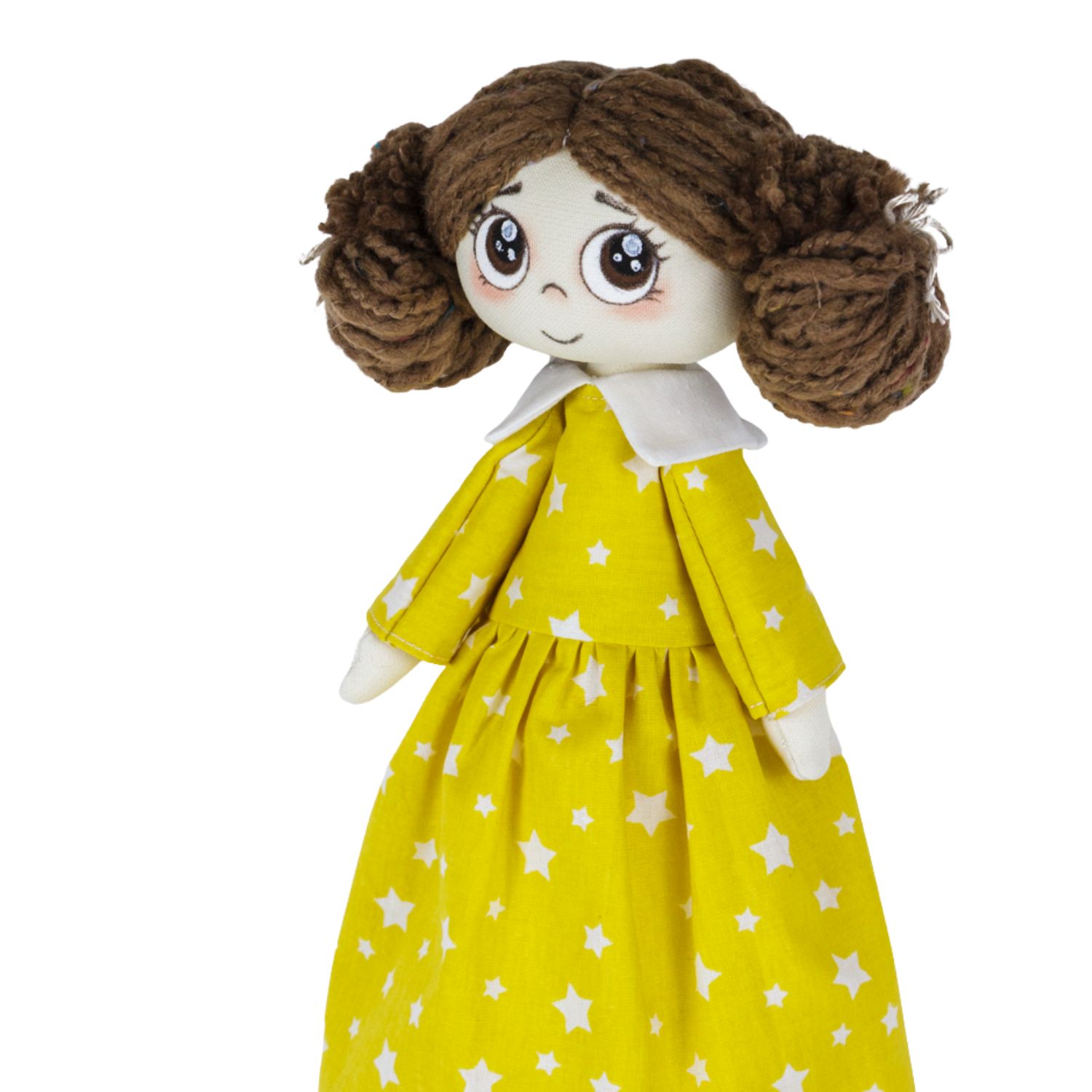 Păpușă handmade Nora – fetiță cu rochie galbenă cu steluțe albe - imagine 4