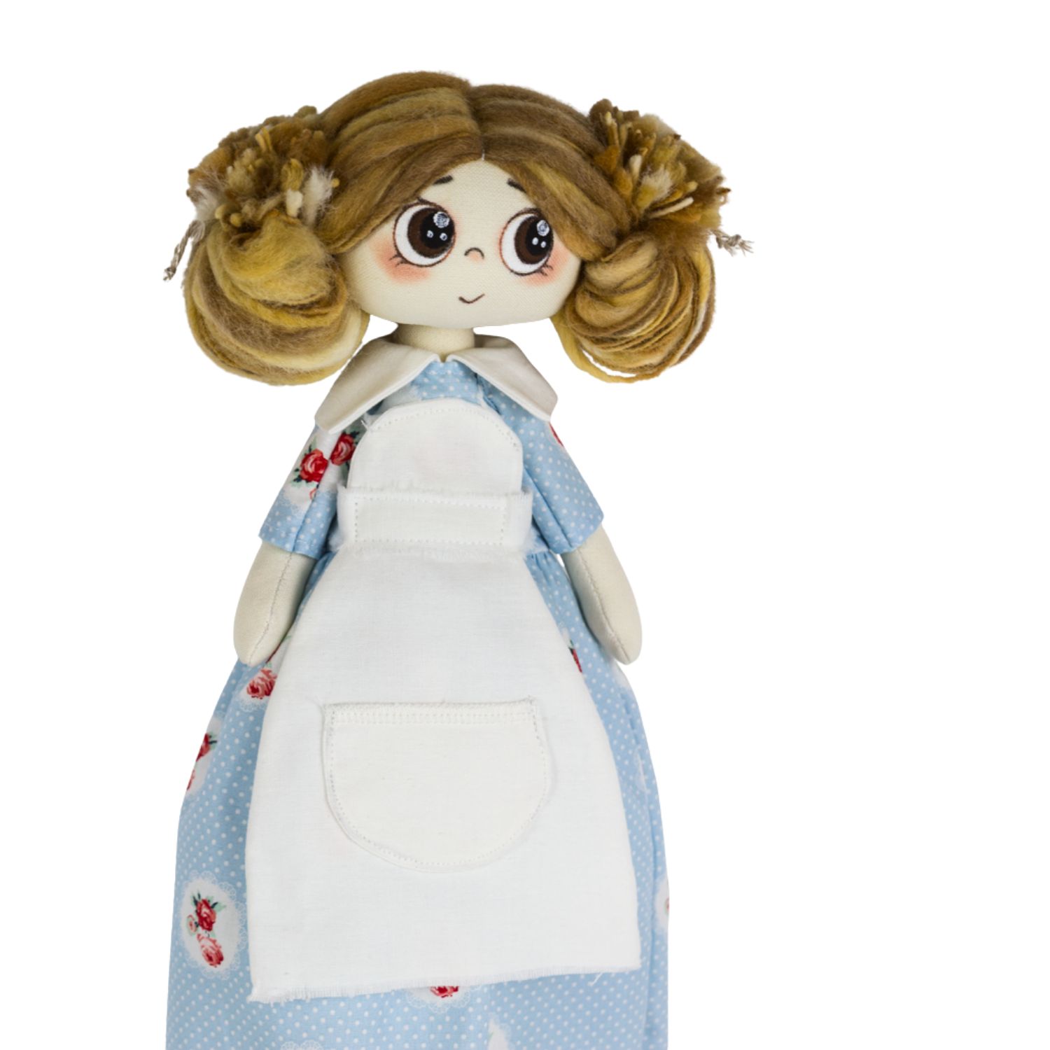 Păpușă handmade Nora – fetiță cu păr galben-maro, rochie albastră și șorț alb - imagine 4