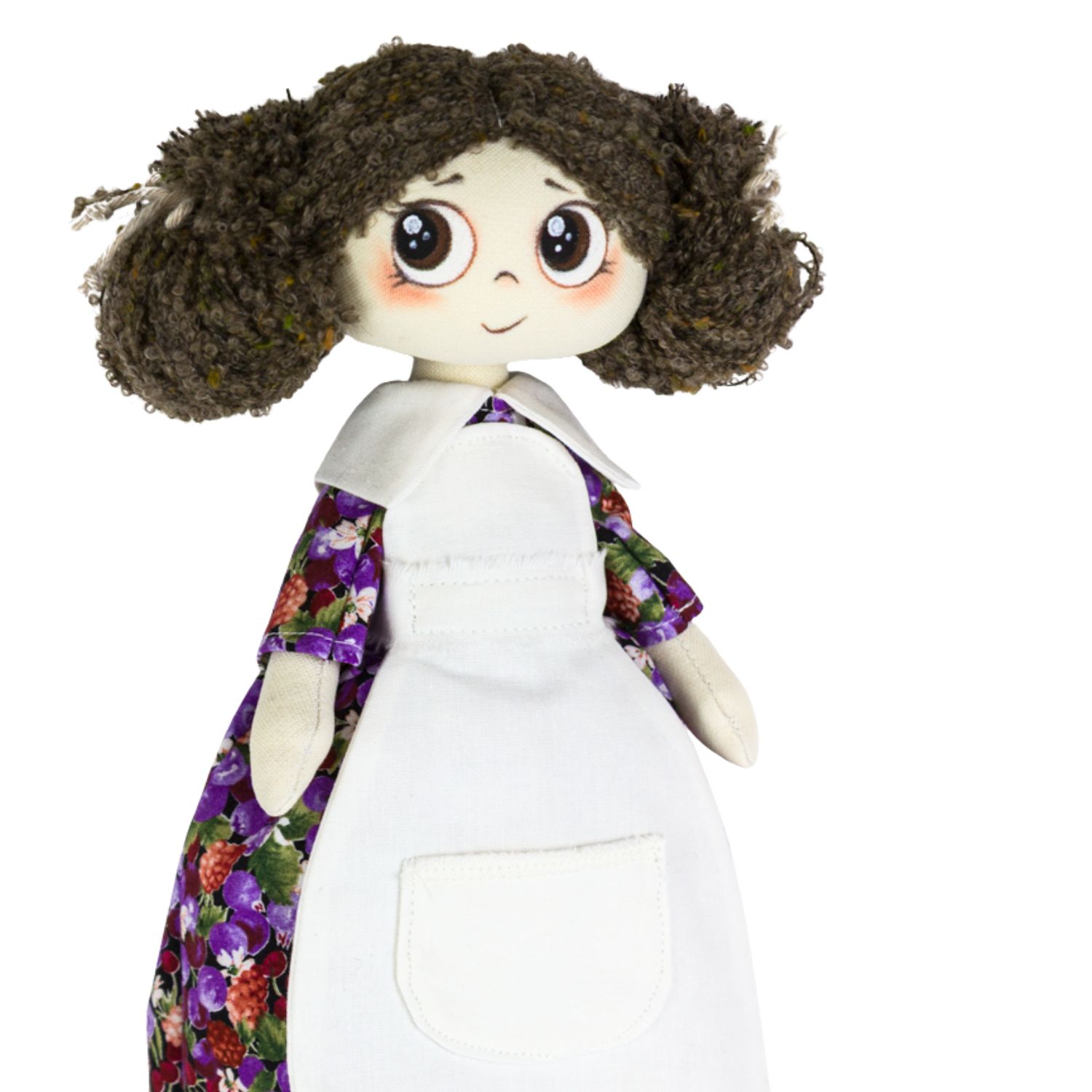 Păpușă handmade Nora – fetiță șatenă cu ochi căprui și rochie cu flori - imagine 3