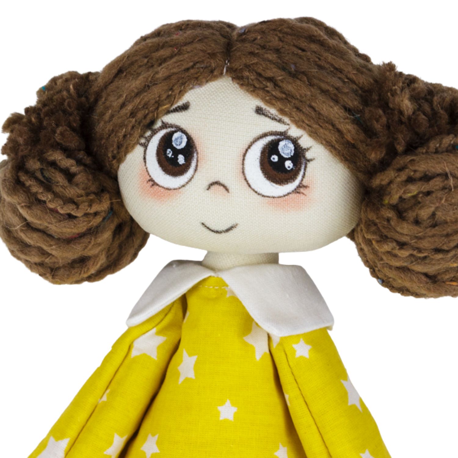 Păpușă handmade Nora – fetiță cu rochie galbenă cu steluțe albe - imagine 2