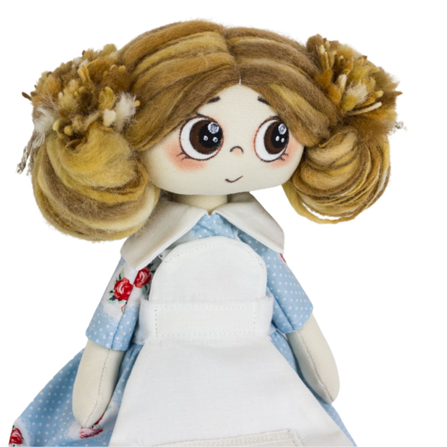 Păpușă handmade Nora – fetiță cu păr galben-maro, rochie albastră și șorț alb - imagine 2