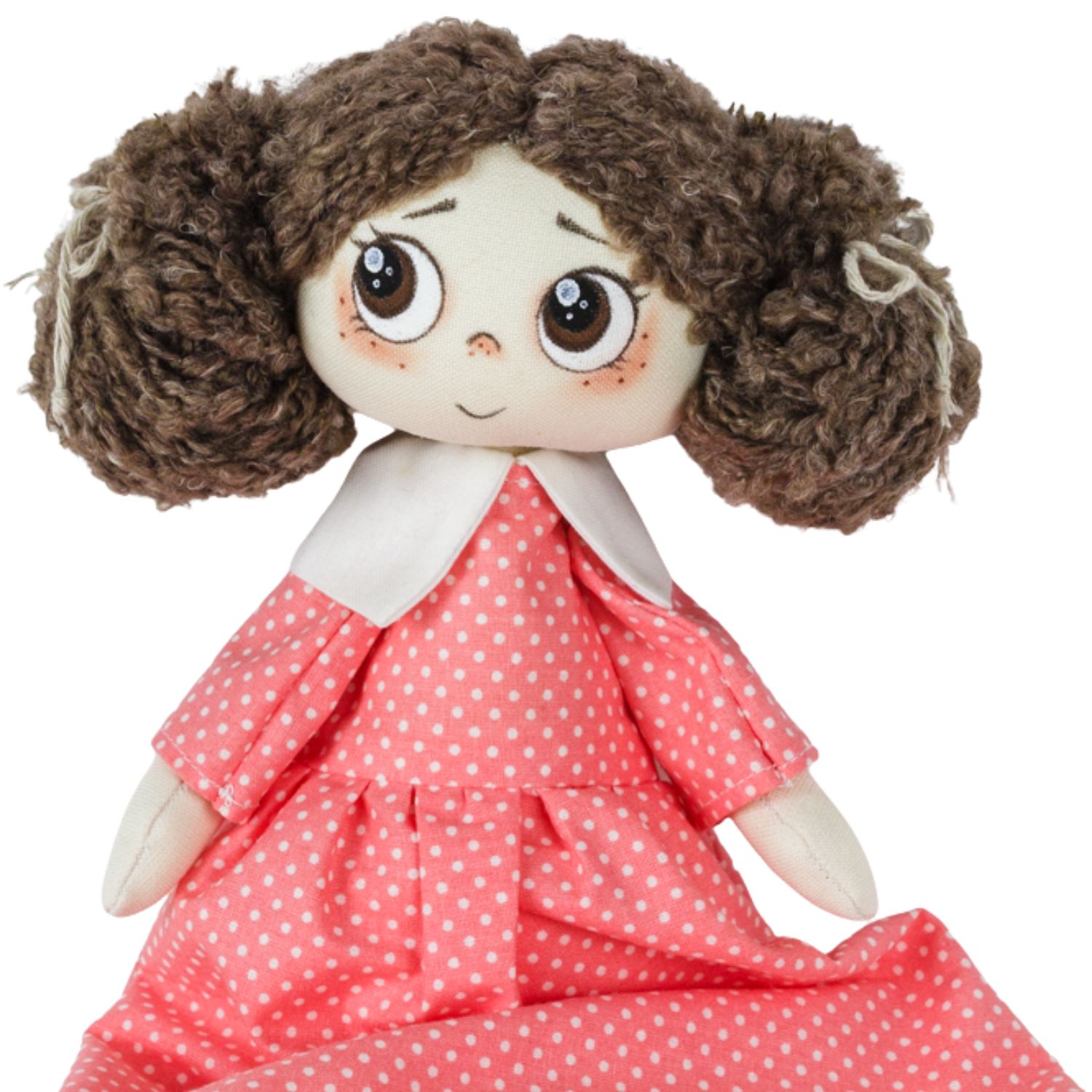 Păpușă handmade Nora – fetiță cu rochiță roz cu buline albe - imagine 3