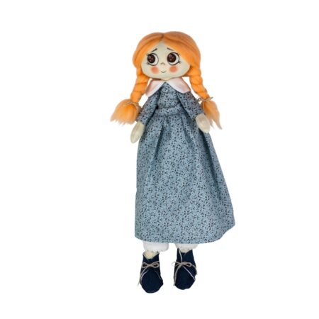 Păpușă handmade cu codițe blonde și rochiță bleu cu floricele