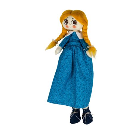 Păpușă handmade blondă cu codițe și rochiță albastră