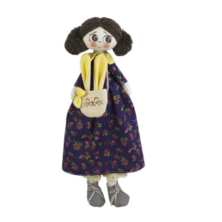 Păpușă handmade cu păr șaten și rochiță albastră cu floricele