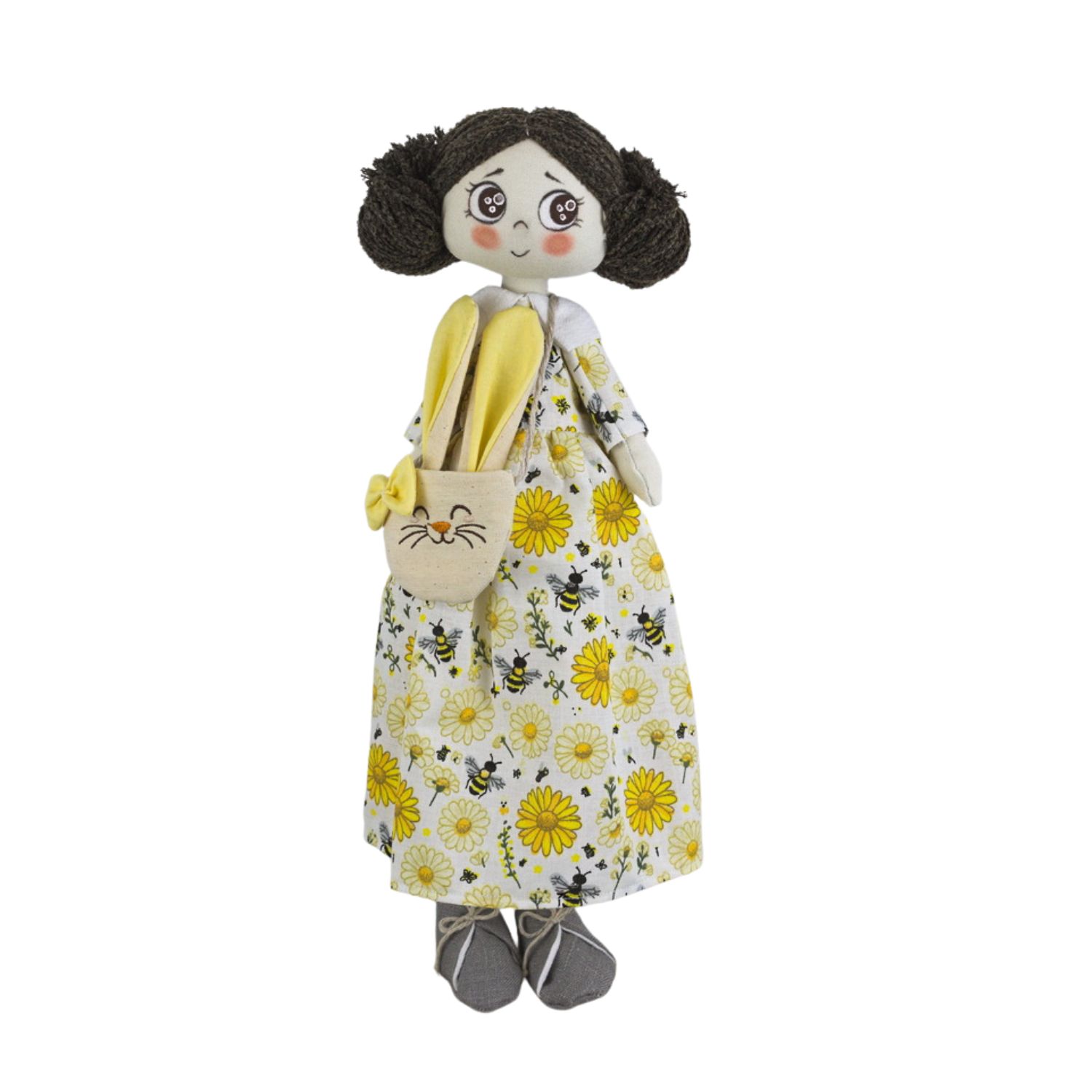 Păpușă handmade cu rochiță cu flori galbene