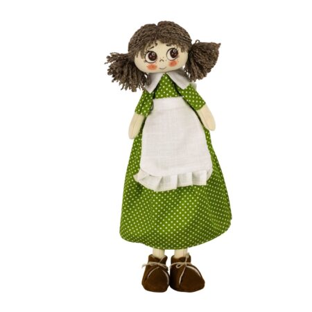 Păpușă handmade cu codițe și rochiță verde cu buline