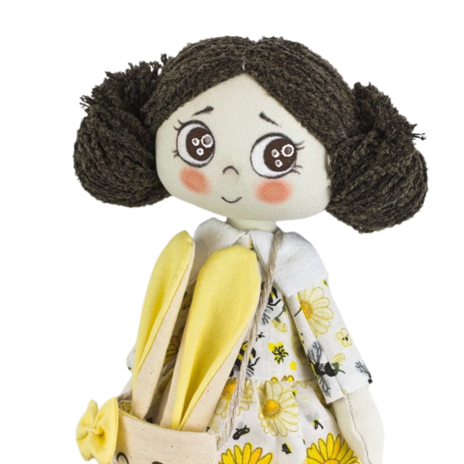 Păpușă handmade cu rochiță cu flori galbene - imagine 2