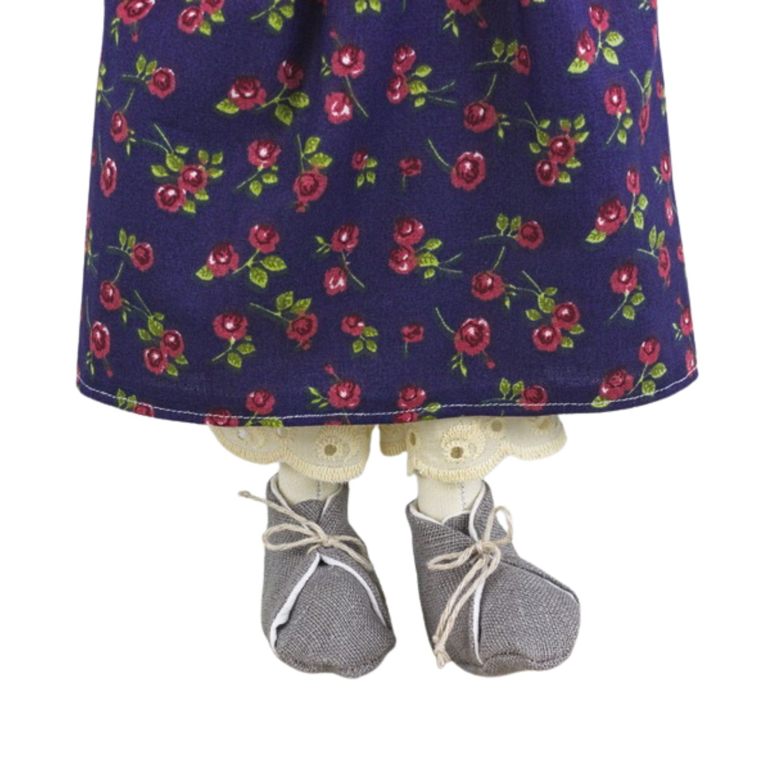 Păpușă handmade cu păr șaten și rochiță albastră cu floricele - imagine 5