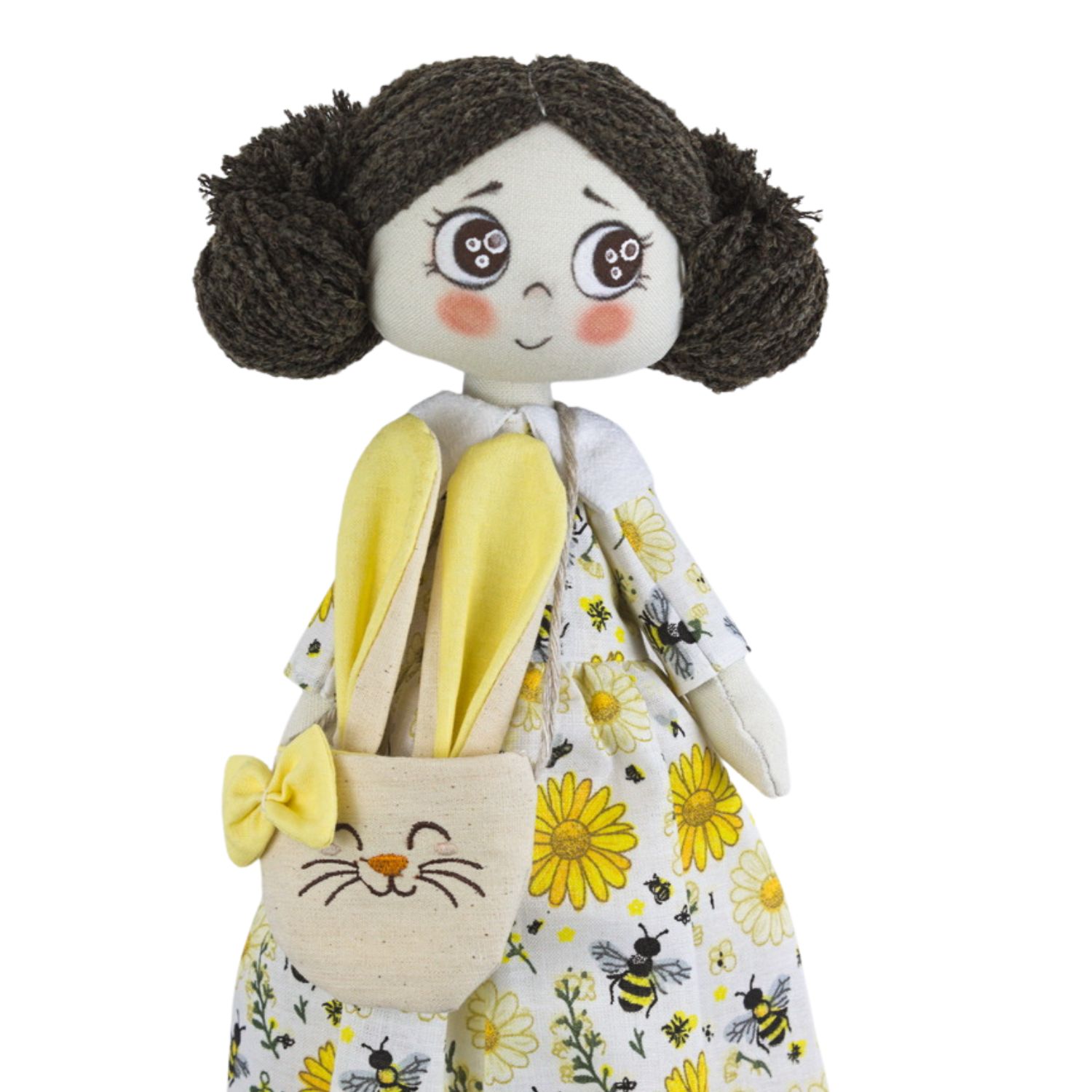 Păpușă handmade cu rochiță cu flori galbene - imagine 4