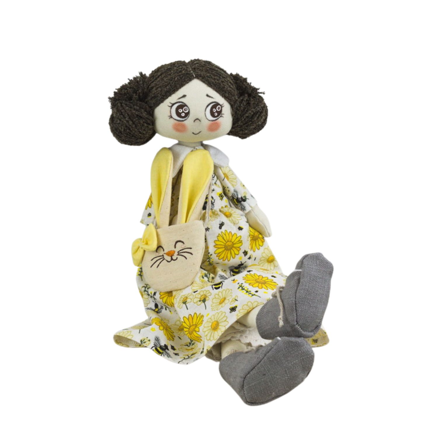 Păpușă handmade cu rochiță cu flori galbene - imagine 5