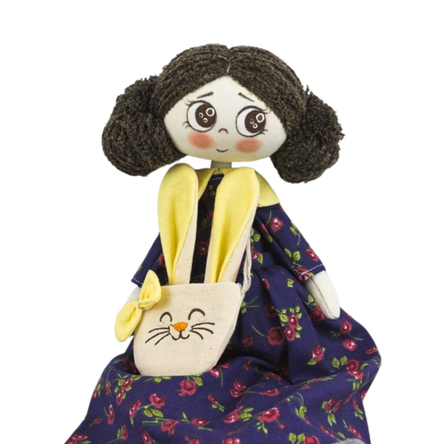 Păpușă handmade cu păr șaten și rochiță albastră cu floricele - imagine 6