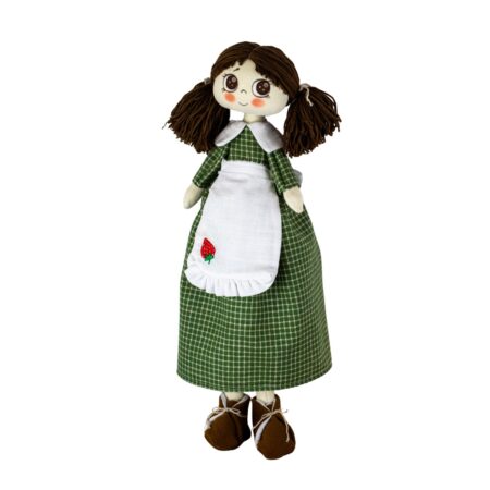 Păpușă handmade cu breton, codițe șatene și rochiță cu șorț cu căpșună