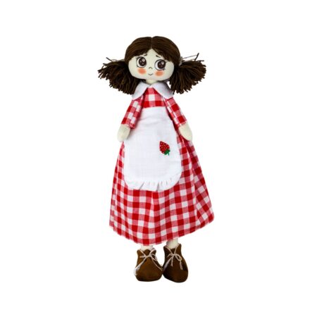 Păpușă handmade cu codițe și rochiță în pătrățele cu șorț