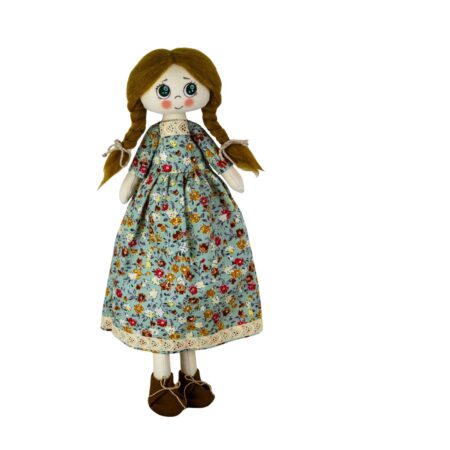 Păpușă handmade blondă cu codițe și rochiță bleu cu flori