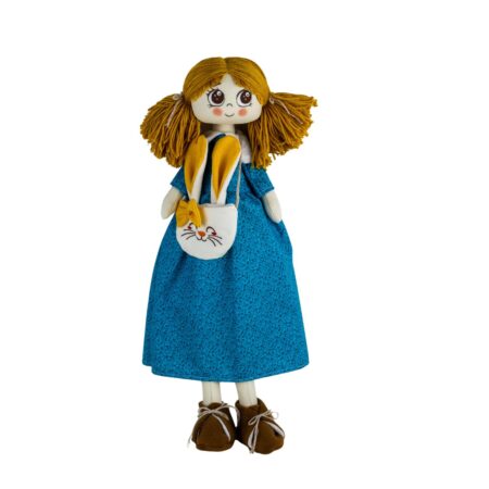 Păpușă handmade blondă cu rochiță albastră și gentuță iepuraș