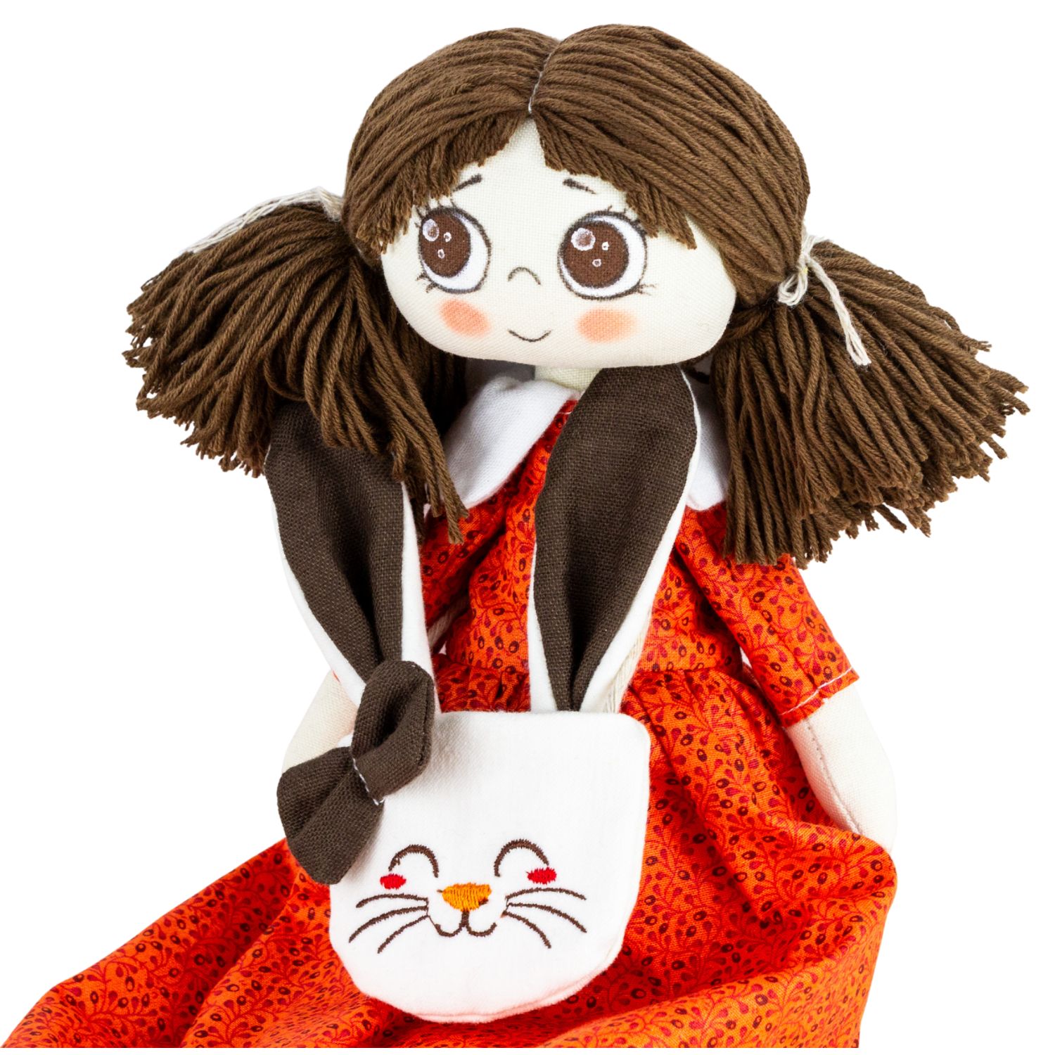 Păpușă handmade șatenă cu rochiță roșie și gentuță iepuraș - imagine 3