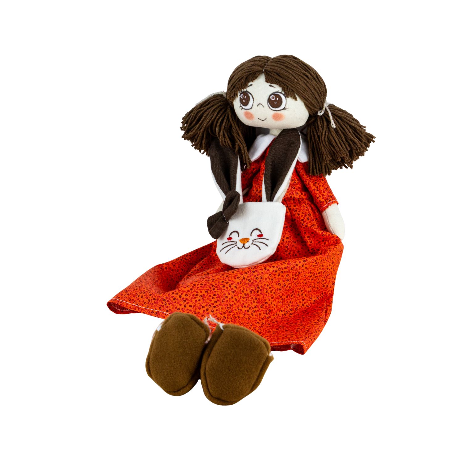 Păpușă handmade șatenă cu rochiță roșie și gentuță iepuraș - imagine 4