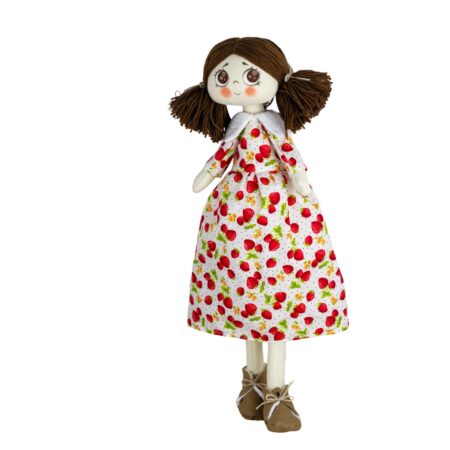 Păpușă handmade șatenă cu codițe și rochiță cu căpșuni