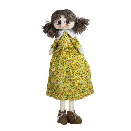 Păpușă handmade cu păr creț și rochiță galbenă cu flori