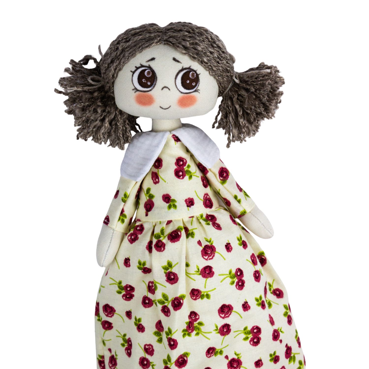 Păpușă handmade șatenă cu codițe și rochiță cu flori roșii - imagine 2