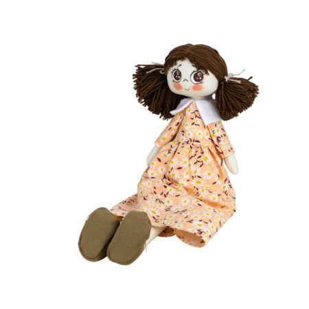 Păpușă handmade cu ochi căprui, codițe și rochiță în tonuri tomnatice