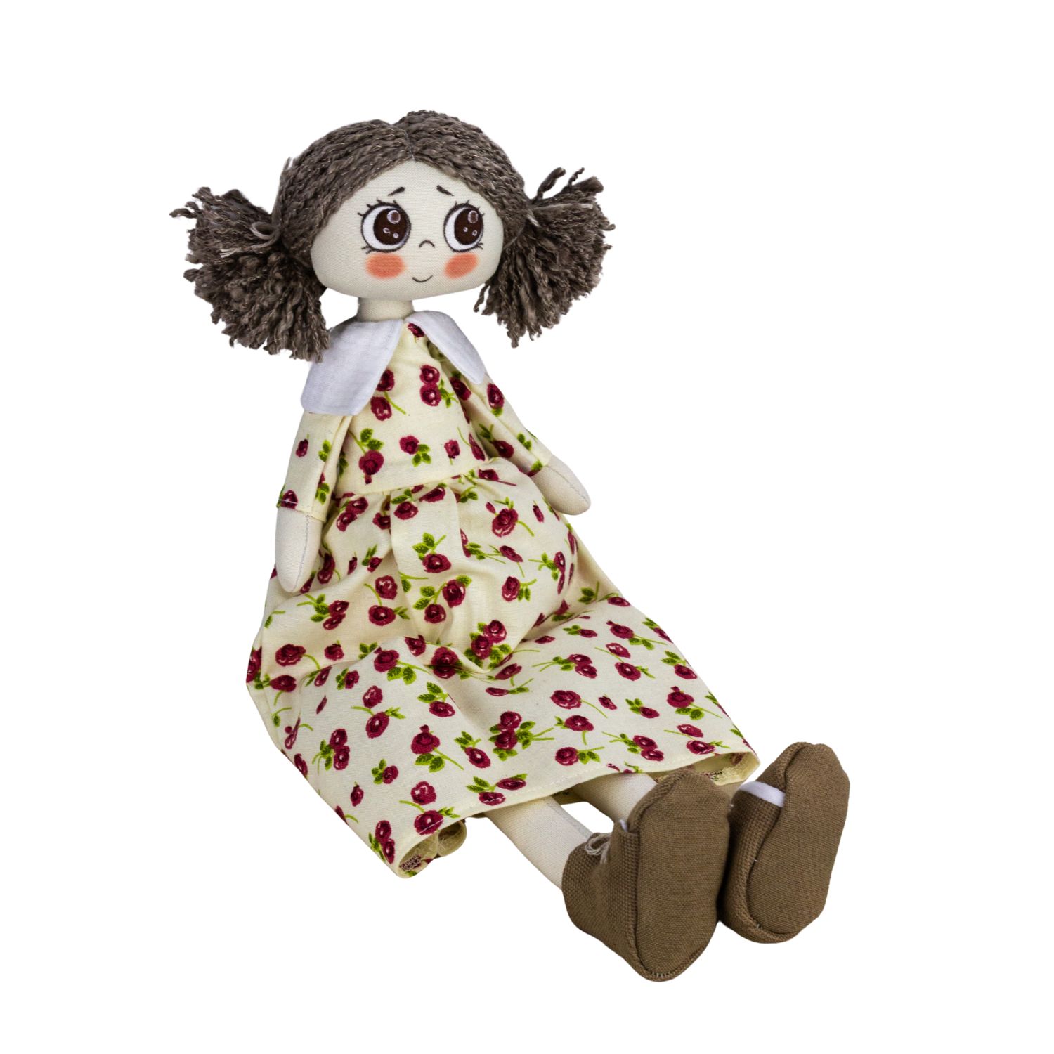 Păpușă handmade șatenă cu codițe și rochiță cu flori roșii - imagine 3