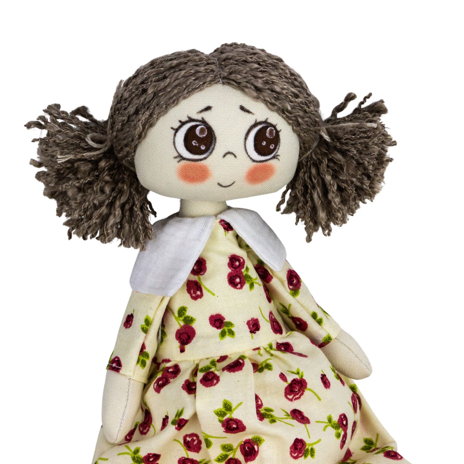 Păpușă handmade șatenă cu codițe și rochiță cu flori roșii - imagine 5