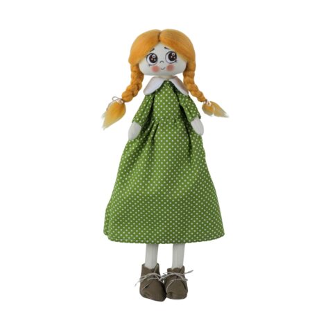 Păpușă handmade roșcată cu rochiță verde cu buline