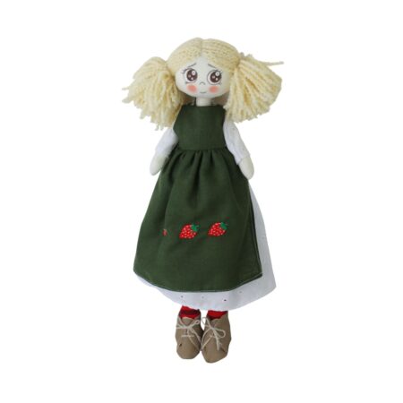 Păpușă handmade blondă cu păr din fir gros și șorț verde din in cu căpșuni brodate