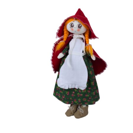 Păpușă handmade inspirată de Scufița Roșie, cu codițe portocalii