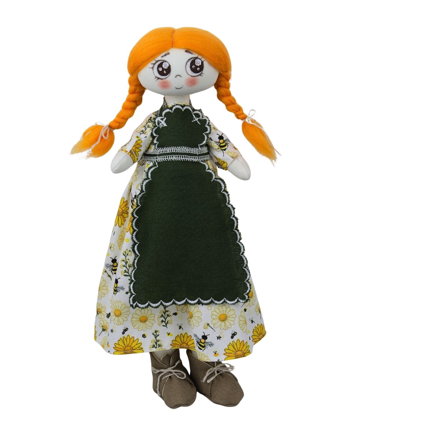 Păpușă handmade roșcată cu codițe și rochie cu albine și flori