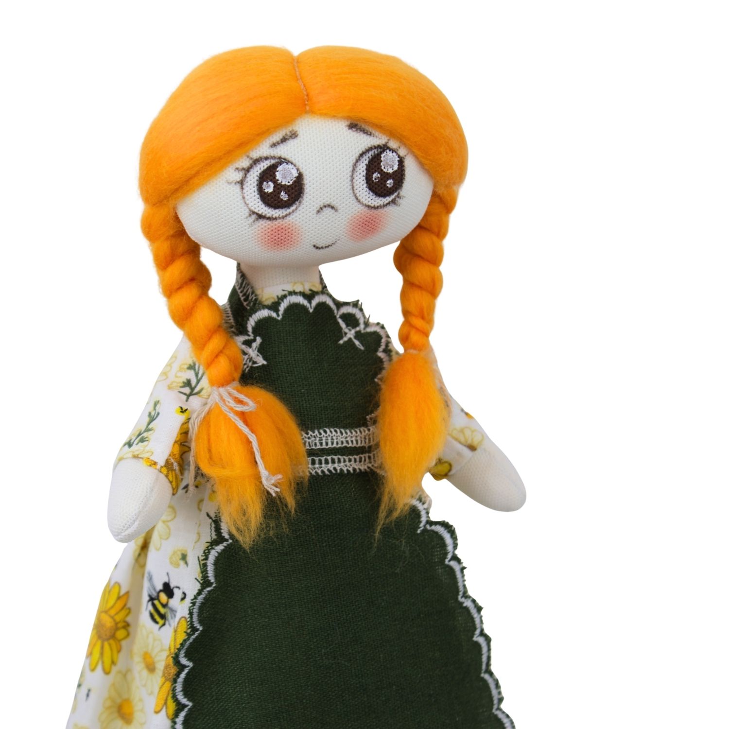 Păpușă handmade roșcată cu codițe și rochie cu albine și flori - imagine 2