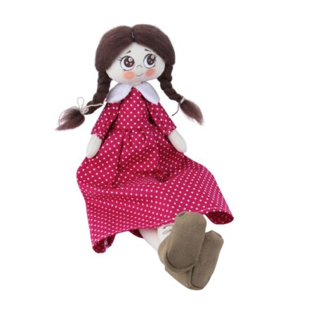 Păpușă handmade șatenă cu rochiță roșie cu buline