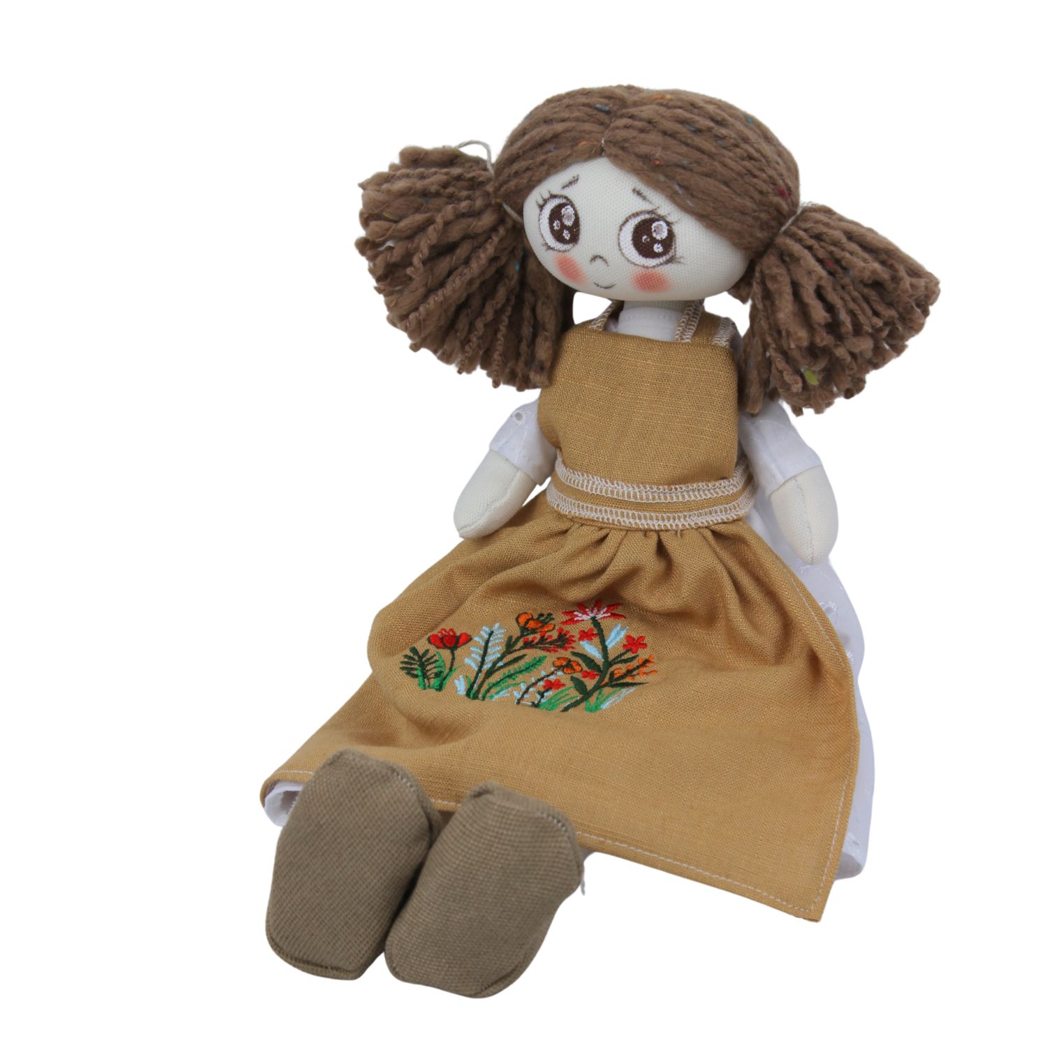Păpușă handmade șatenă cu păr din fir gros și șorț din in cu flori de câmp - imagine 3