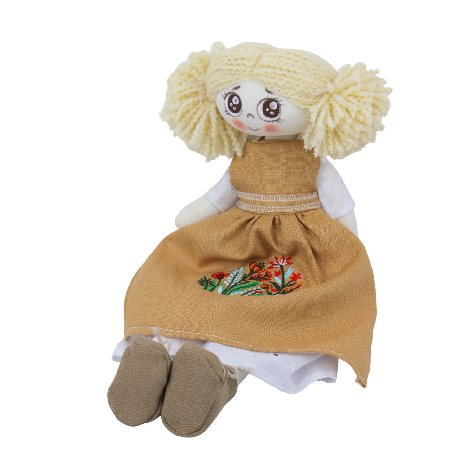 Păpușă handmade blondă cu șorț din in brodat cu flori de câmp - imagine 3