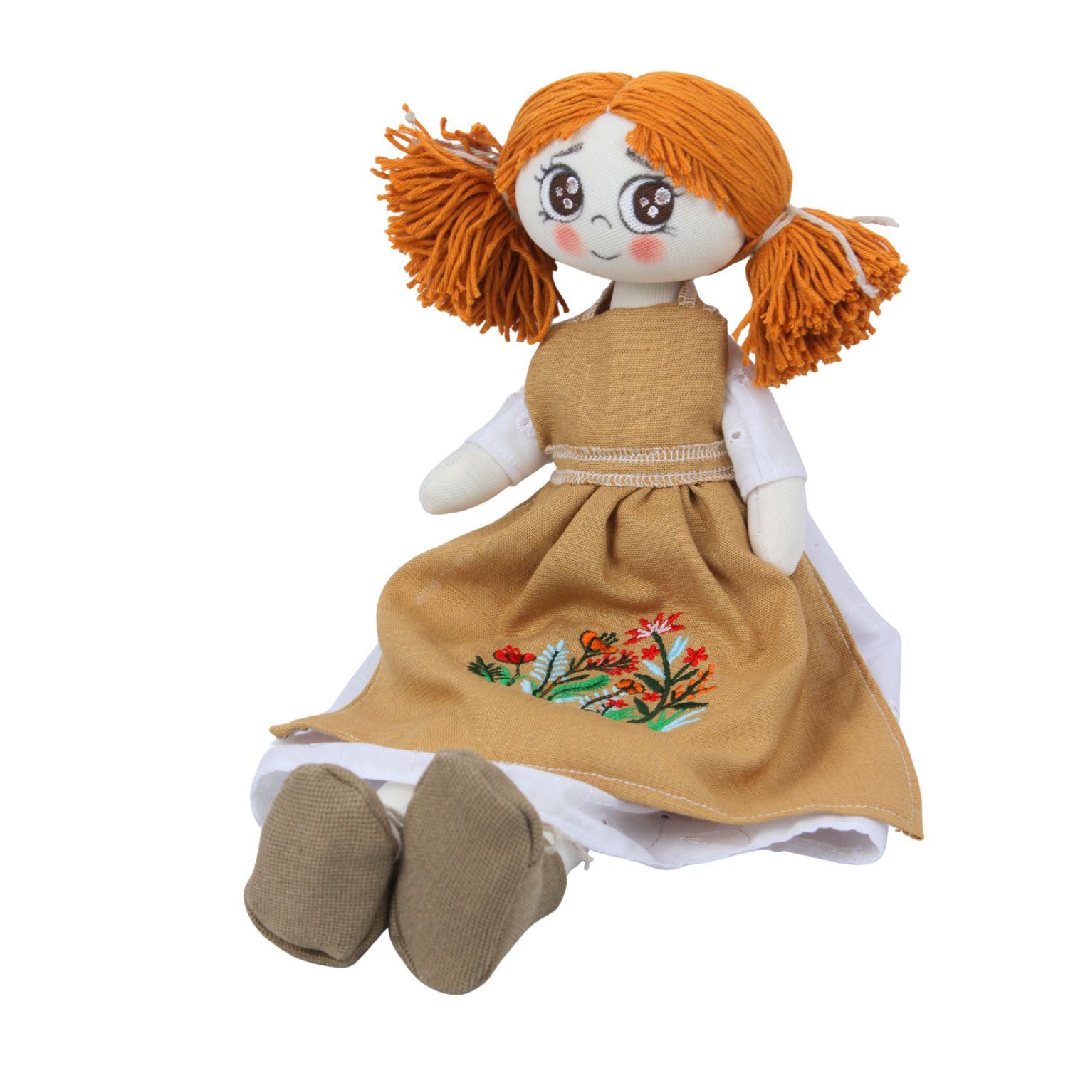 Păpușă handmade roșcată cu codițe, ochi căprui și șorț din in cu flori de câmp - imagine 3
