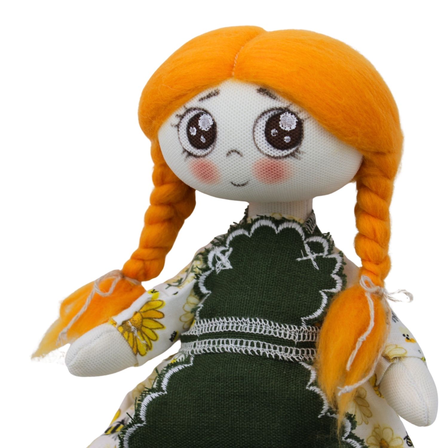 Păpușă handmade roșcată cu codițe și rochie cu albine și flori - imagine 4
