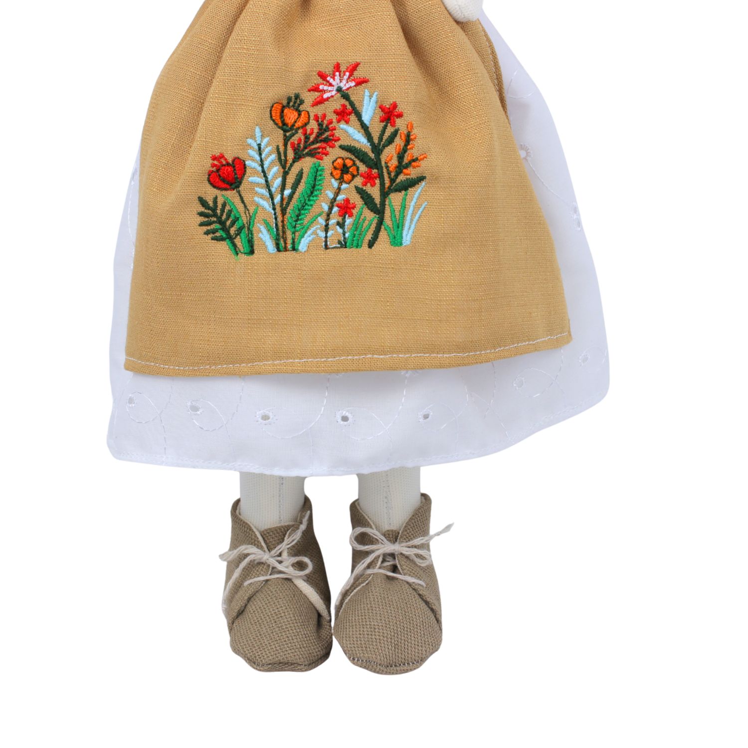 Păpușă handmade roșcată cu codițe, ochi căprui și șorț din in cu flori de câmp - imagine 4