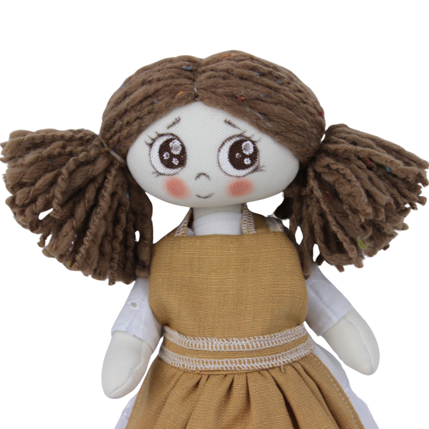 Păpușă handmade șatenă cu păr din fir gros și șorț din in cu flori de câmp - imagine 5