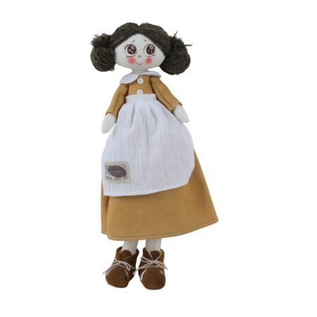 Păpușă handmade șatenă cu rochie bej și șorț cu arici